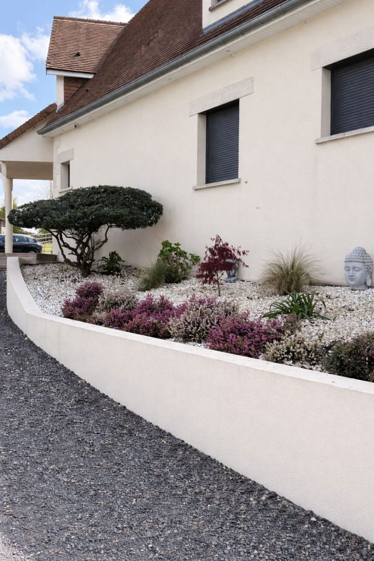 Aménagement paysager avec haie taillée, arbustes et galets blancs devant une maison