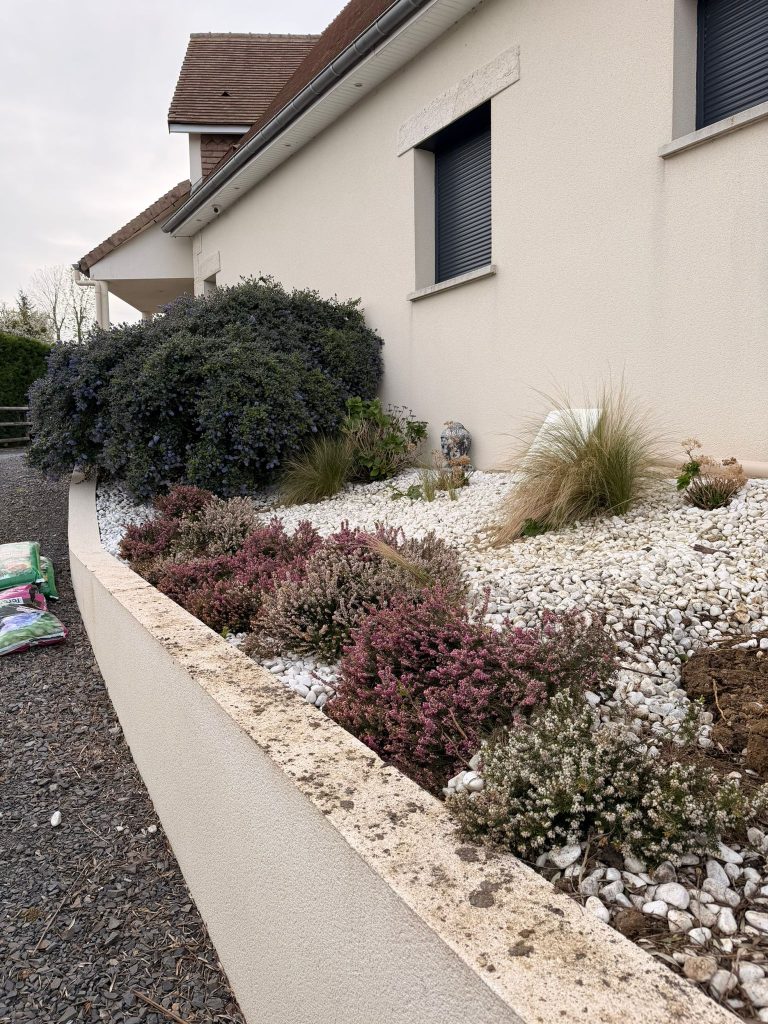 Massif paysager avec arbustes graviers blancs et herbes ornementales devant une maison